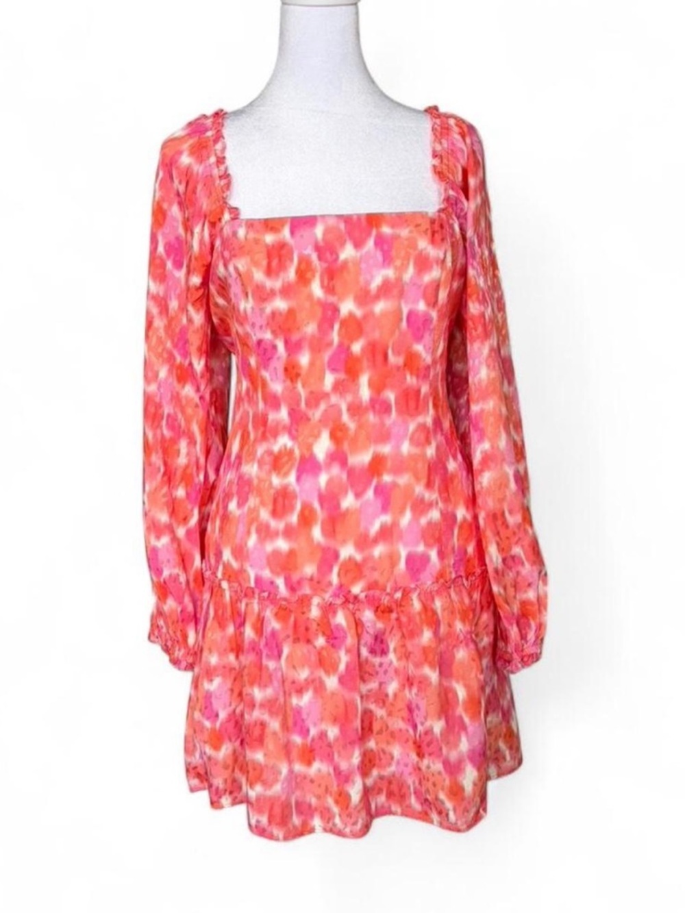Amanda Uprichard Coral-Pink Square Neck Tiered Mini Dress